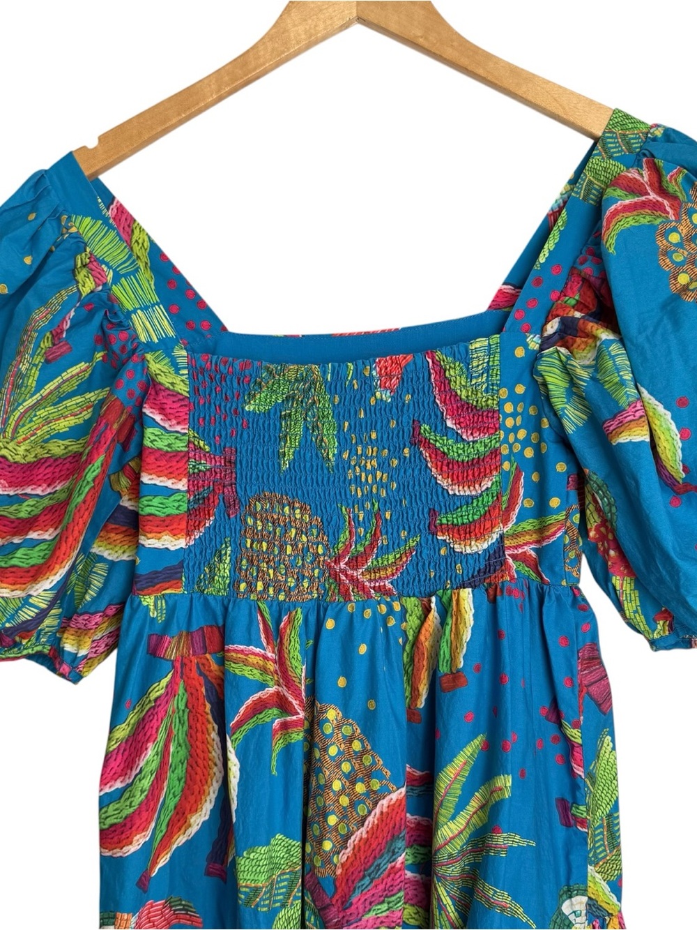 Farm Rio Tropics Tiered Midi Dress Size XS Blue Banana Print Puff Sleeve Cotton - Picture 8 of 15